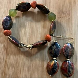 Hand Crafted Stretch Bracelet and Dangle Earrings Orange Green Rust Pierced Ears